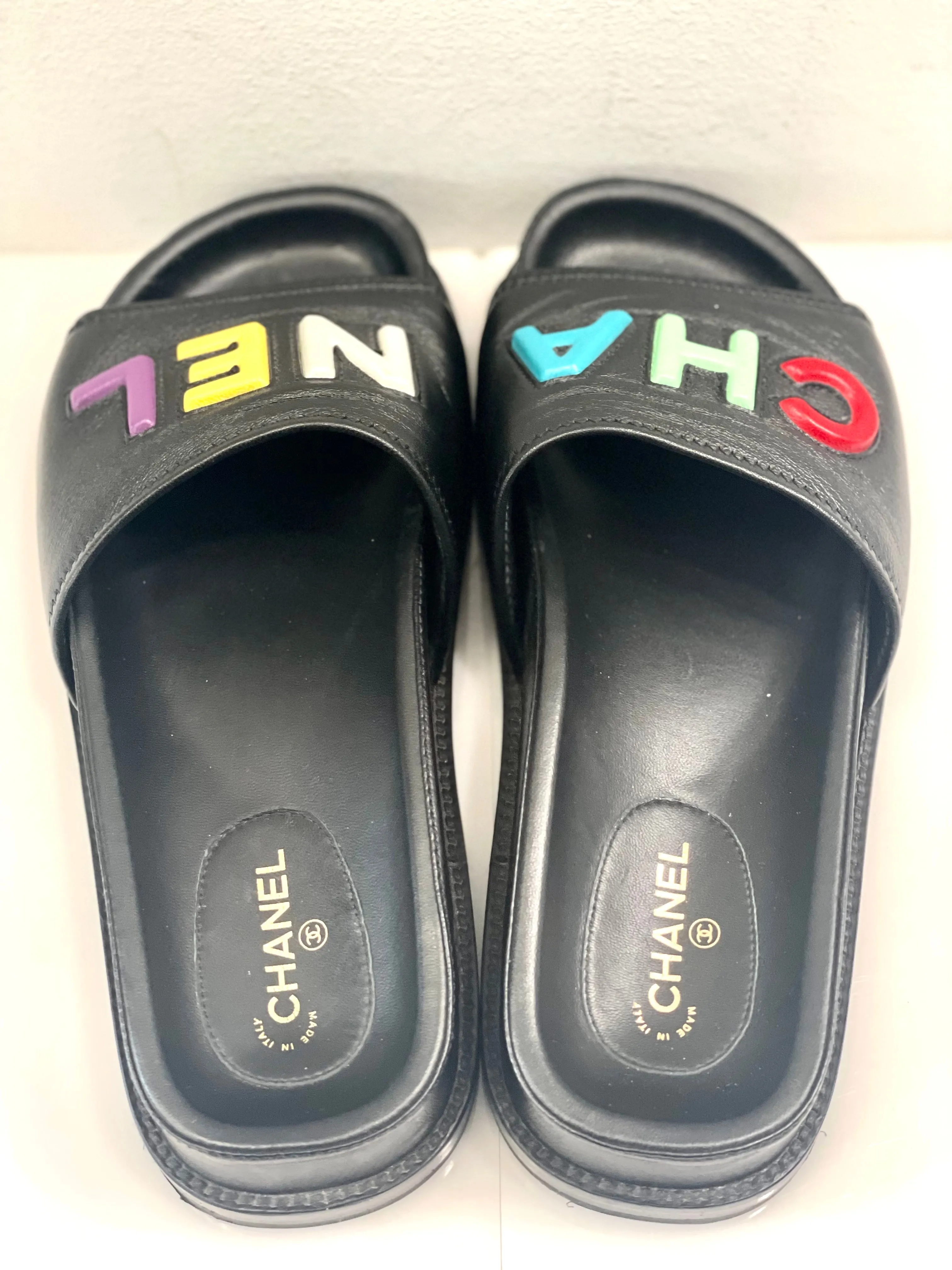 CHANEL LAMBSKIN CHA-NEL SANDLAS MULES