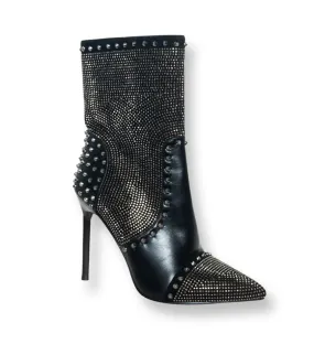 CHICAGO BLACK LEATHER STILETTO HIGH HEEL ANKLE BOOTIES WITH SPARKLING RHINESTONE & STUDS