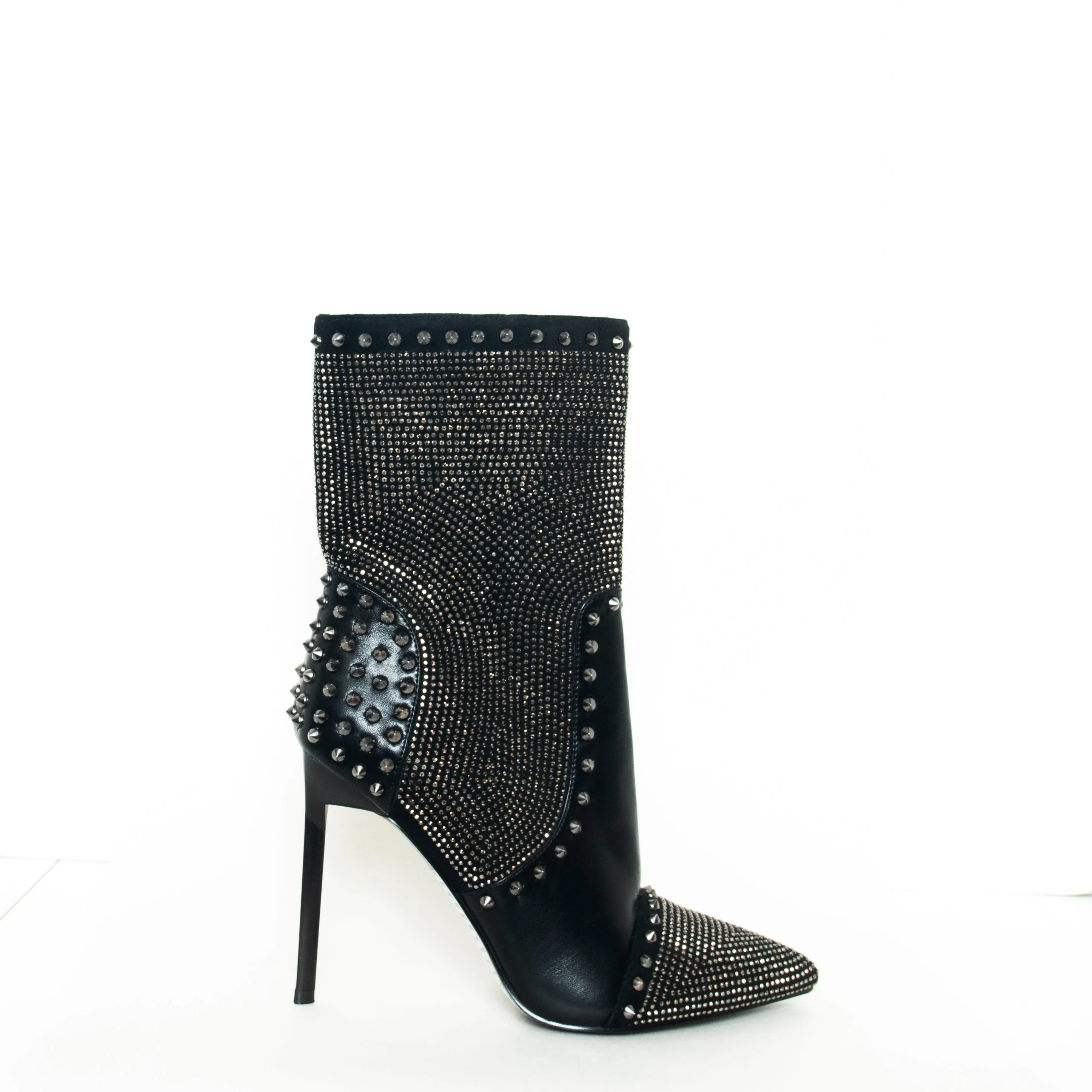 CHICAGO BLACK LEATHER STILETTO HIGH HEEL ANKLE BOOTIES WITH SPARKLING RHINESTONE & STUDS