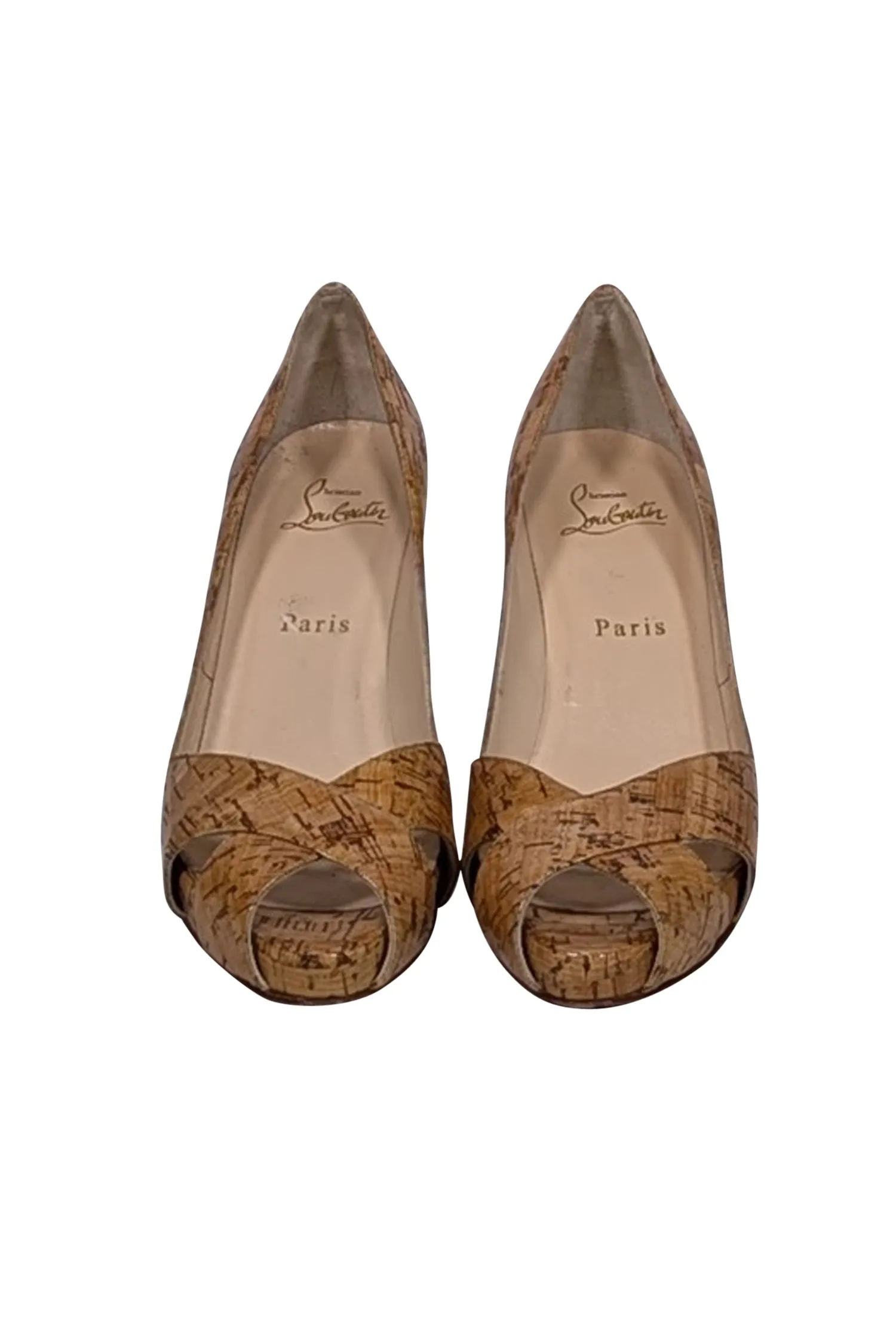 Christian Louboutin - Beige Patent Cork Peep Toe Pumps Sz 7