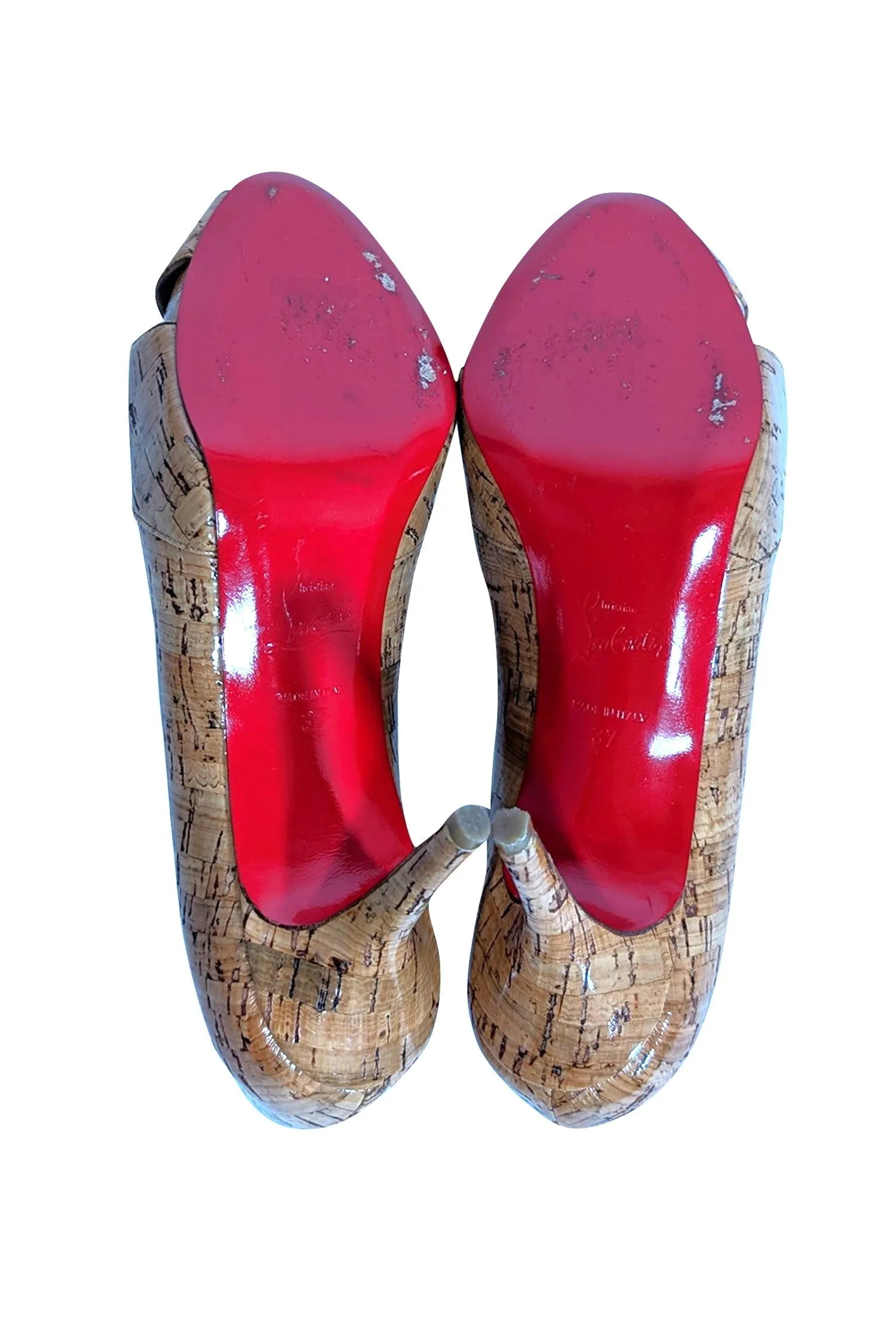Christian Louboutin - Beige Patent Cork Peep Toe Pumps Sz 7