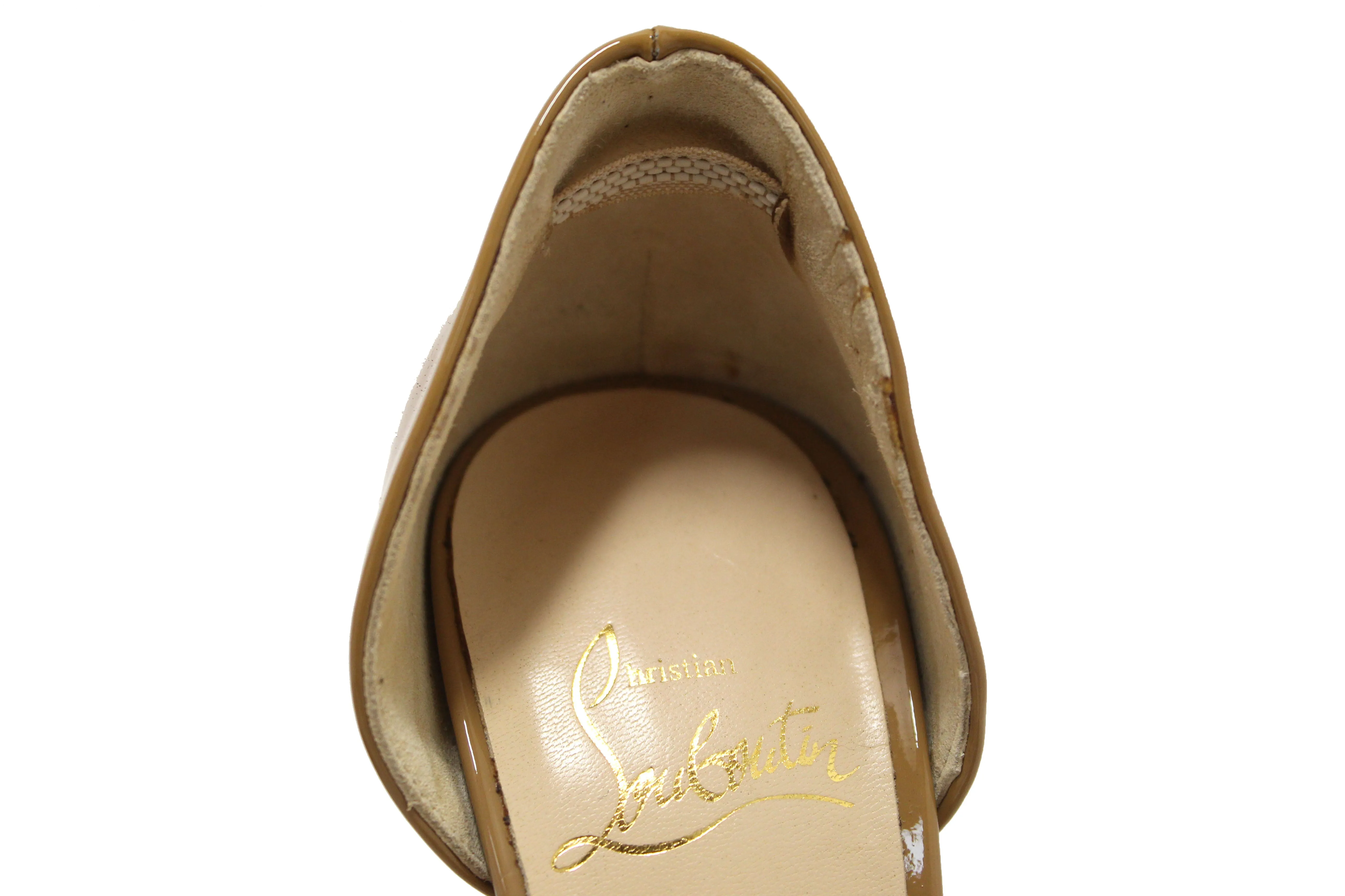 Christian Louboutin Beige Patent Leather Peep Toe Pumps Size 34.5