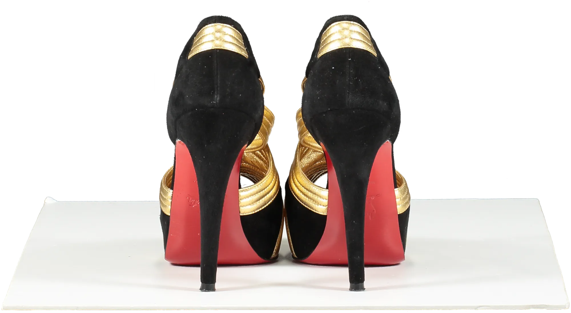 Christian Louboutin Black / Gold Suede And Leather Cross Front Platform Peep Toe Pumps UK 3.5 EU 36.5 👠