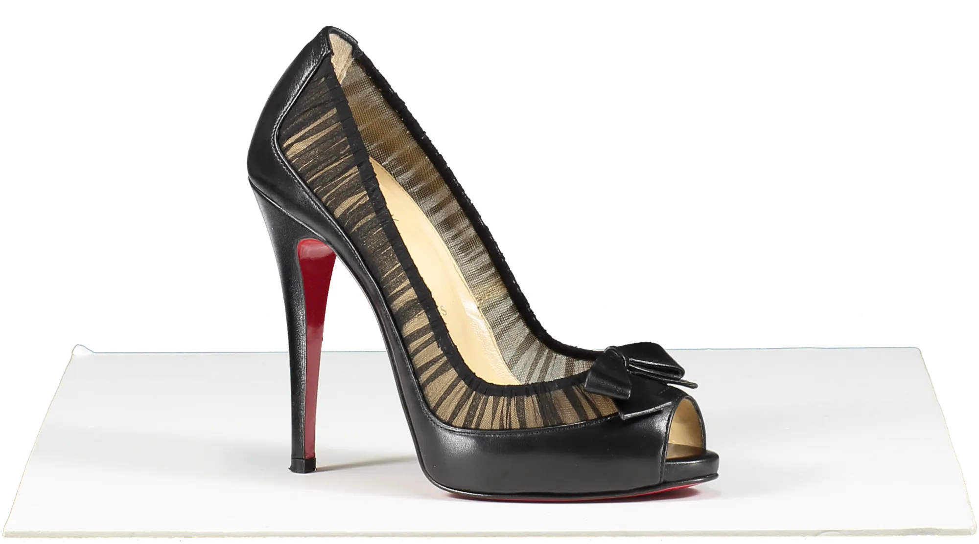 Christian Louboutin Black Leather/chiffon Angelique 100 Peep Toe Pumps UK 3 EU 36 👠