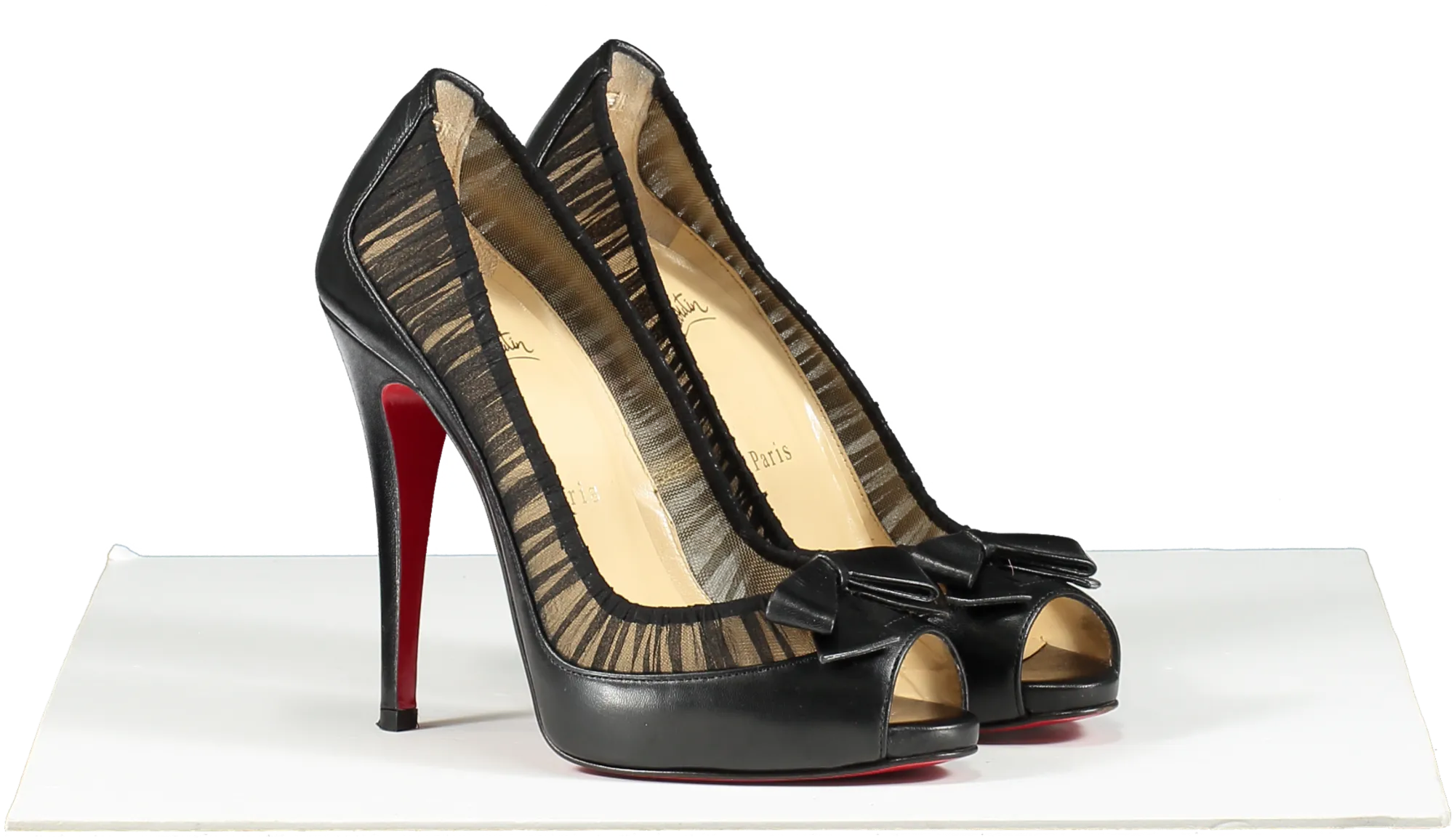 Christian Louboutin Black Leather/chiffon Angelique 100 Peep Toe Pumps UK 3 EU 36 👠