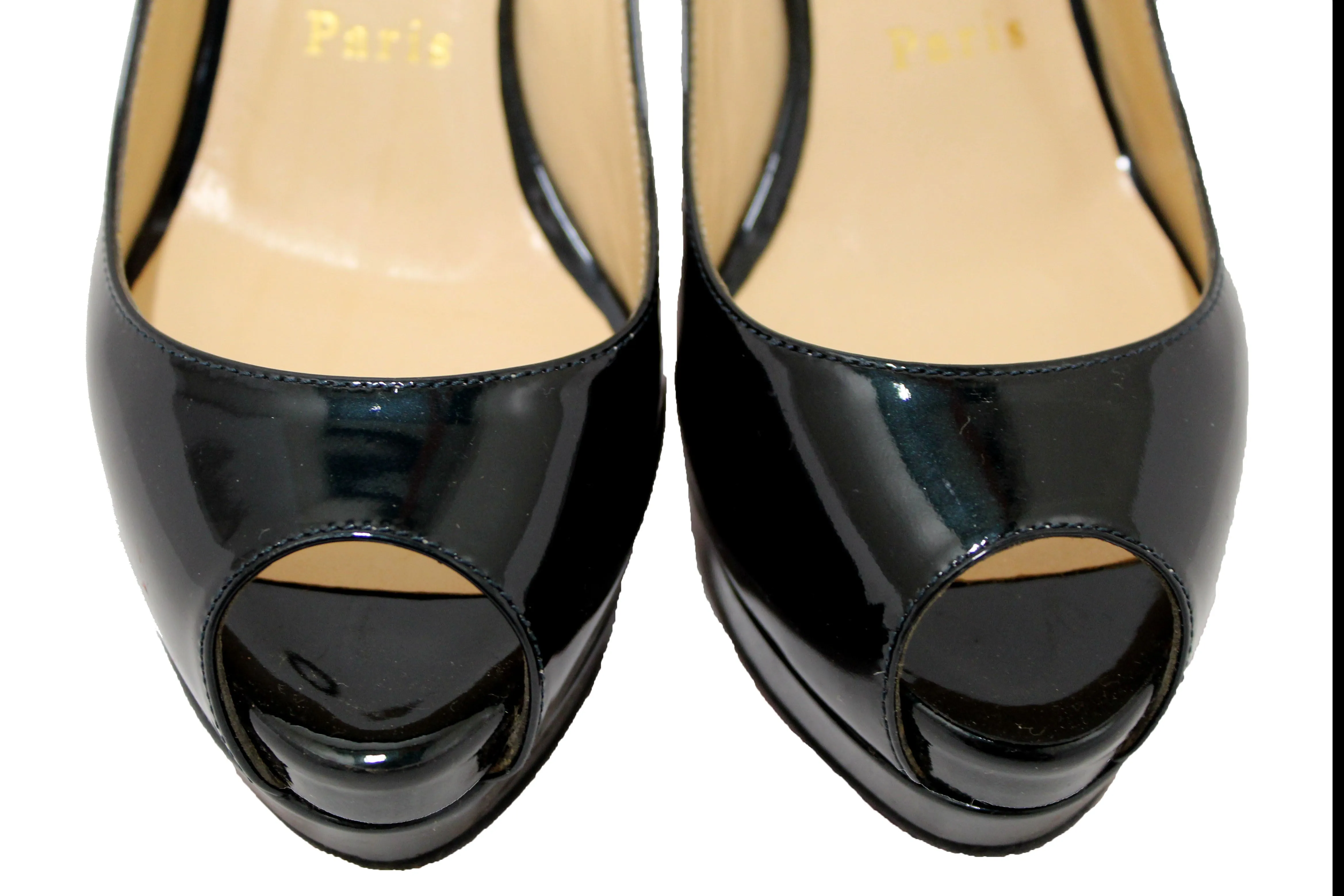 Christian Louboutin Blue Patent Leather Lady Peep Toe Platform Pumps Size 34.5