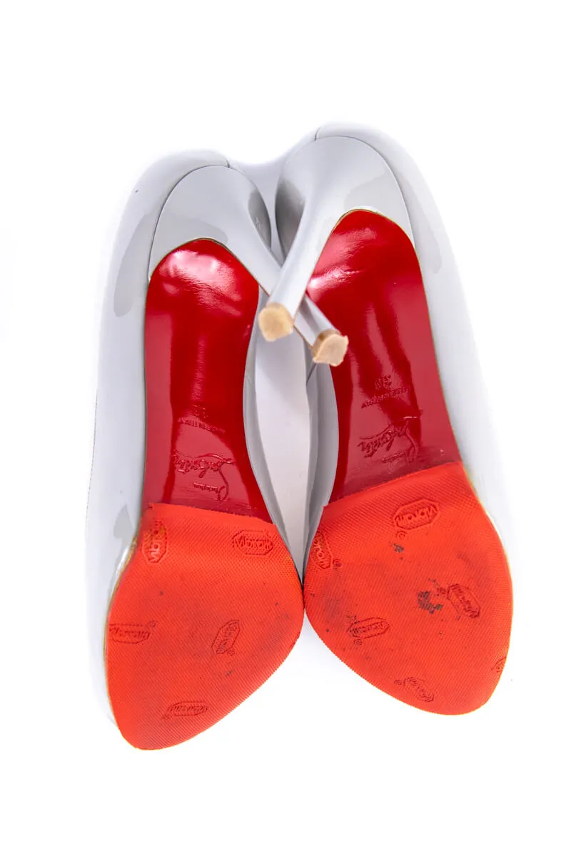 Christian Louboutin Gray Patent Leather Peep Toe Pumps Size US 8 | EU 38