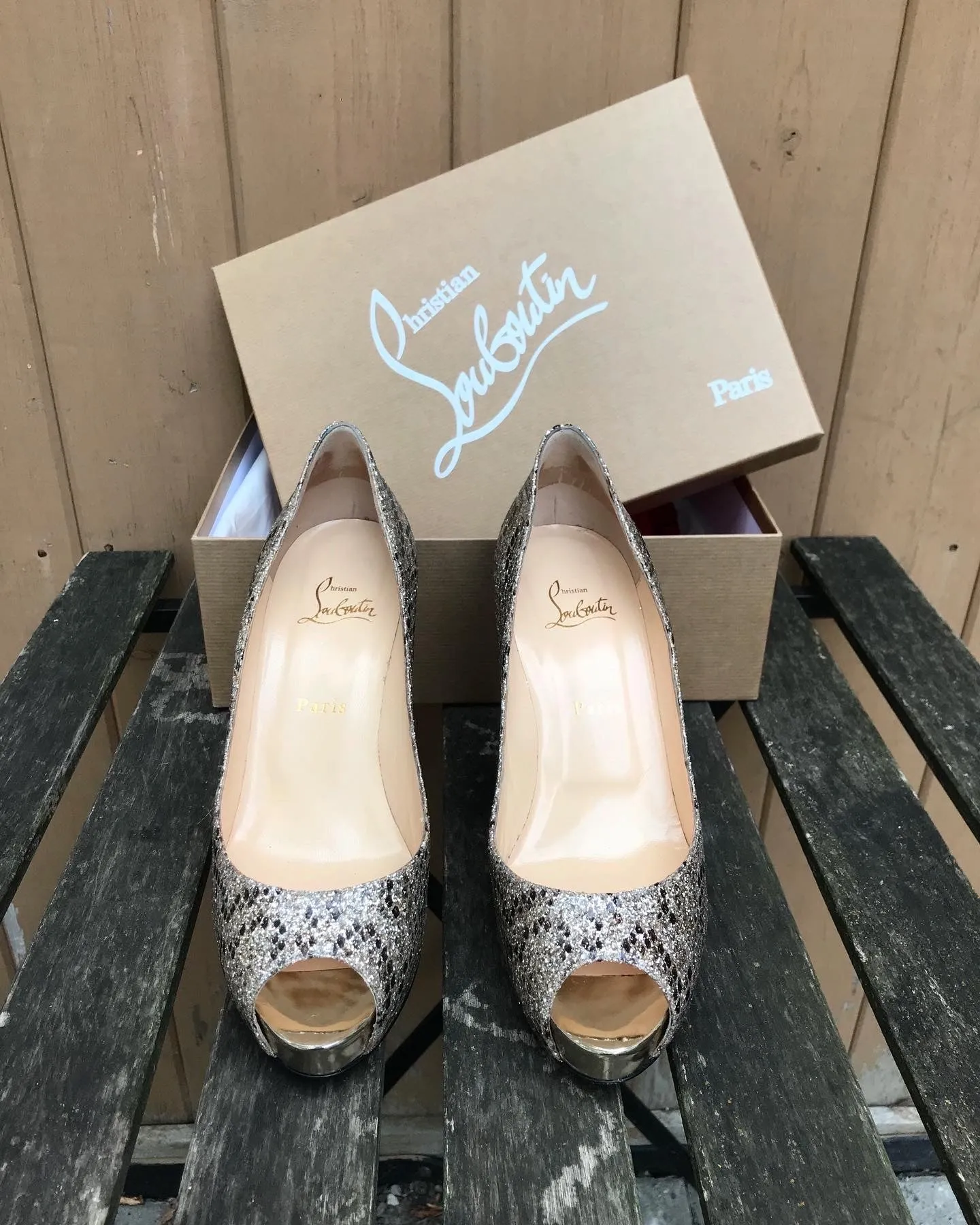 CHRISTIAN LOUBOUTIN Metallic Gold Brown Peep-toe Platform High Heel Pumps