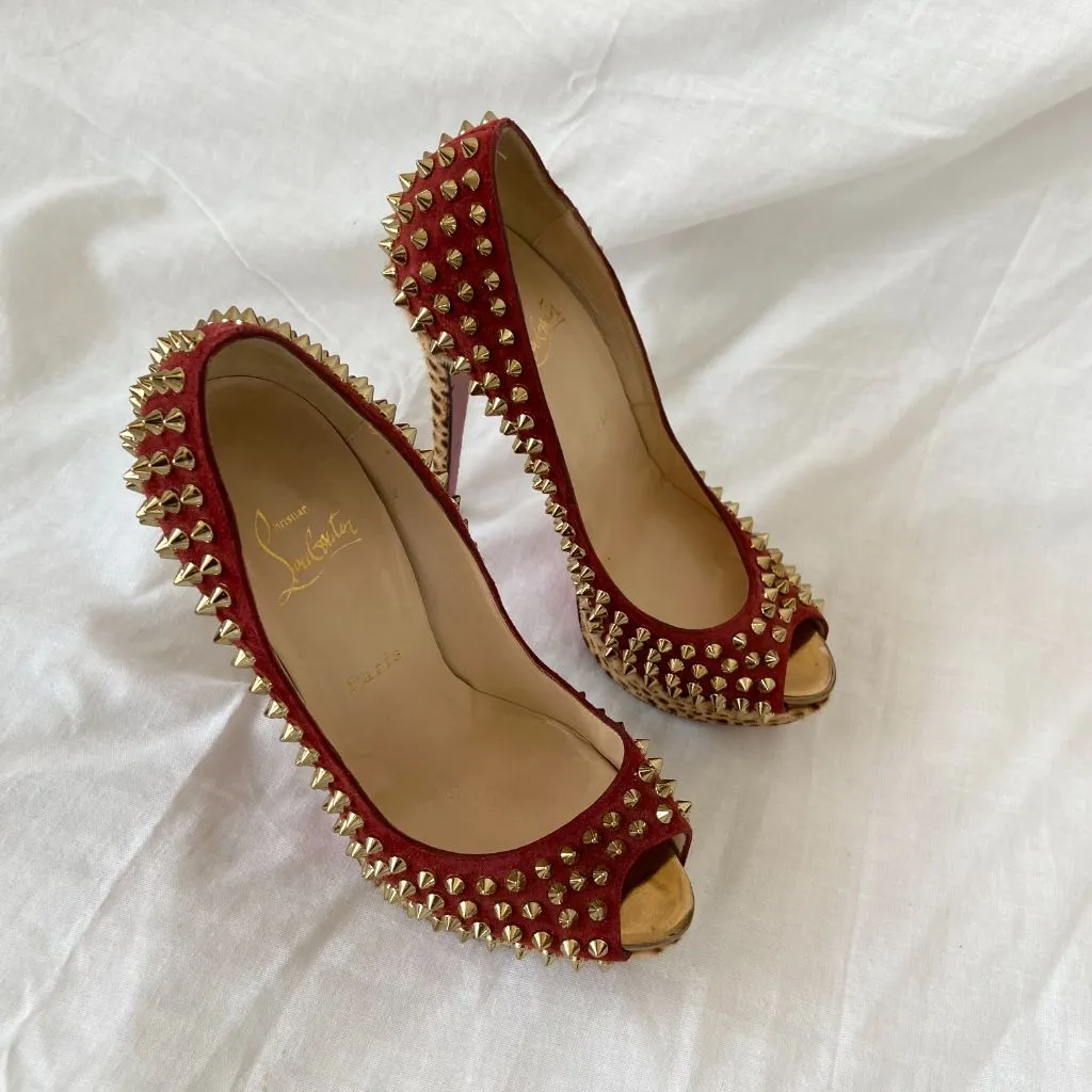 Christian Louboutin  Suede and Leopard Print Calf Hair Spiked Platform Pumps, 38.5