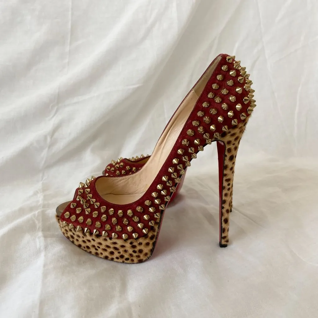 Christian Louboutin  Suede and Leopard Print Calf Hair Spiked Platform Pumps, 38.5