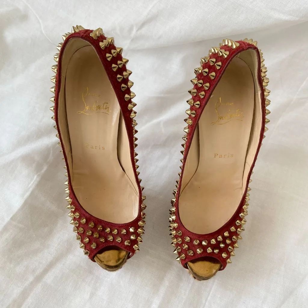 Christian Louboutin  Suede and Leopard Print Calf Hair Spiked Platform Pumps, 38.5