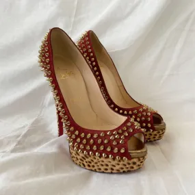 Christian Louboutin  Suede and Leopard Print Calf Hair Spiked Platform Pumps, 38.5