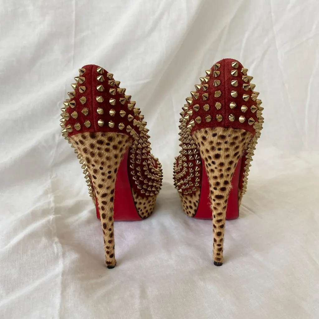 Christian Louboutin  Suede and Leopard Print Calf Hair Spiked Platform Pumps, 38.5