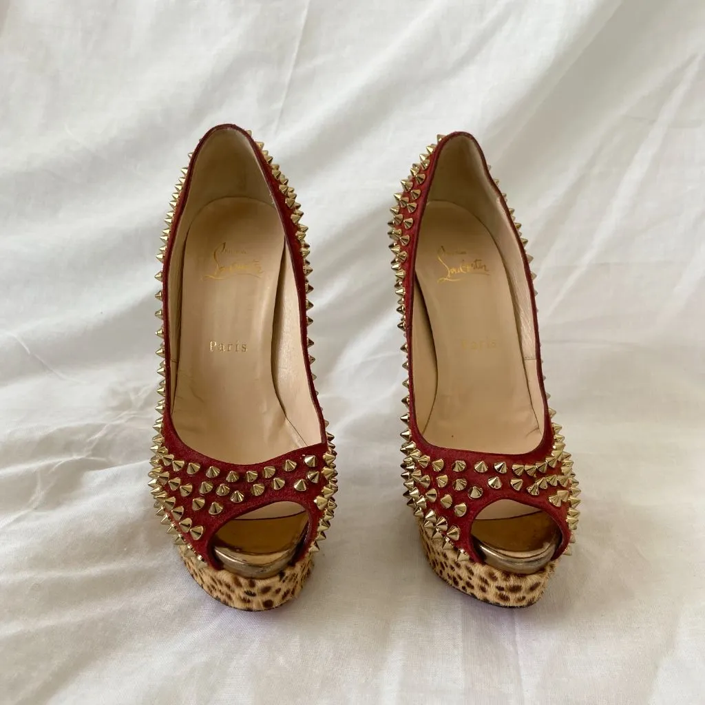 Christian Louboutin  Suede and Leopard Print Calf Hair Spiked Platform Pumps, 38.5