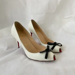 Christian Louboutin White Leather Tibunodo Bow Peep Toe Pumps, 36.5