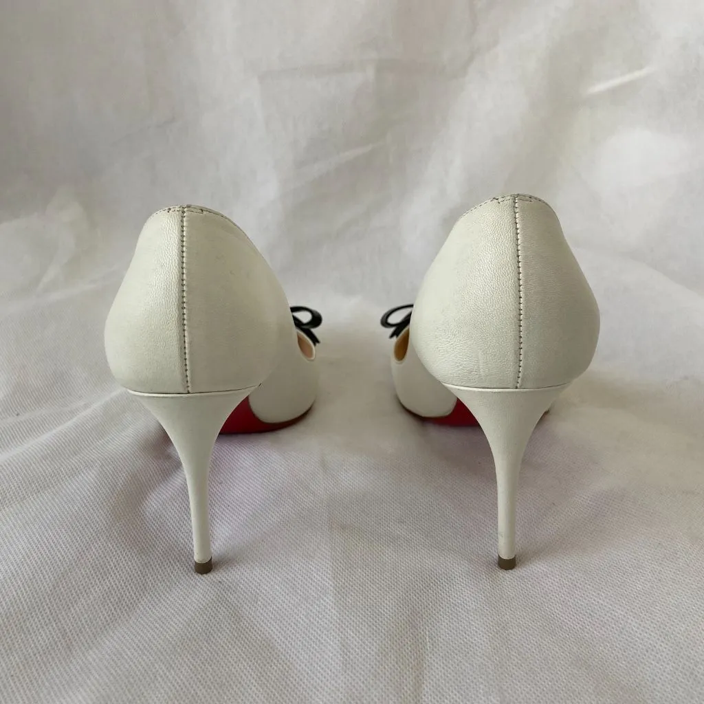 Christian Louboutin White Leather Tibunodo Bow Peep Toe Pumps, 36.5