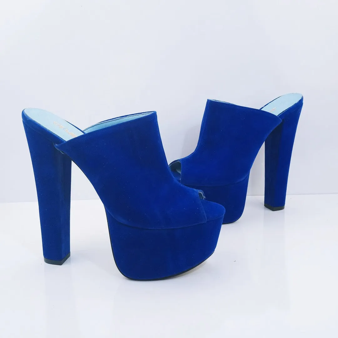 Cobalt Blue Velvet High Heel Platform Mules