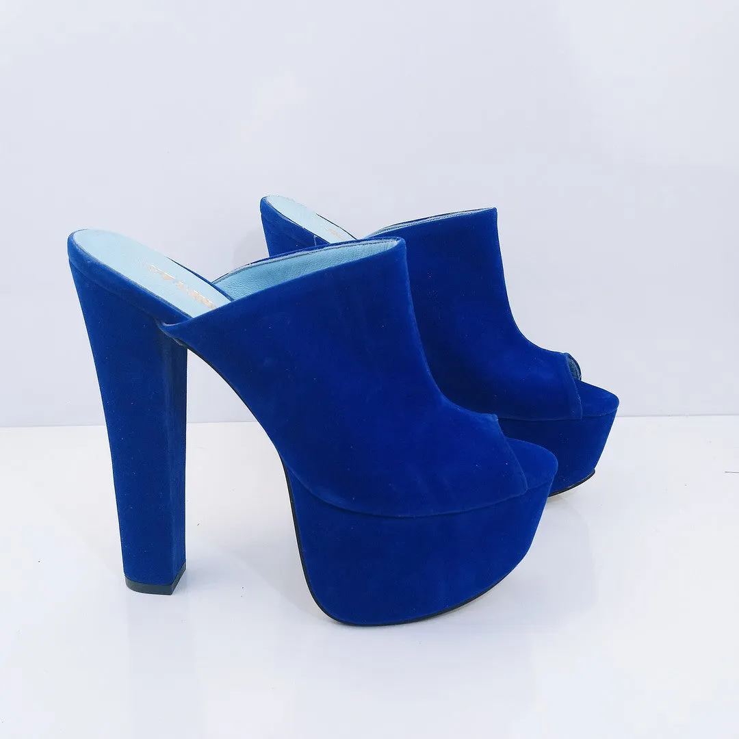 Cobalt Blue Velvet High Heel Platform Mules