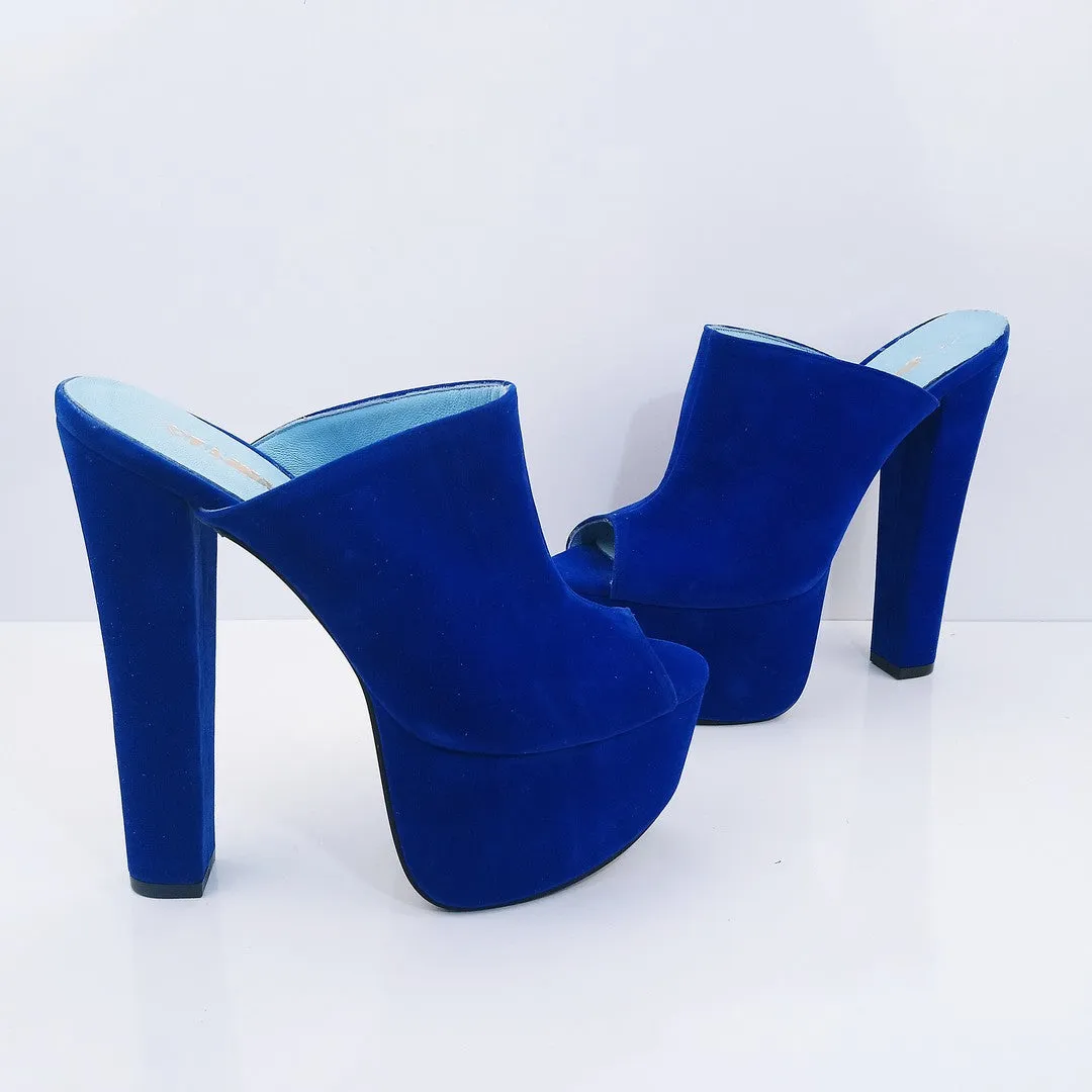 Cobalt Blue Velvet High Heel Platform Mules