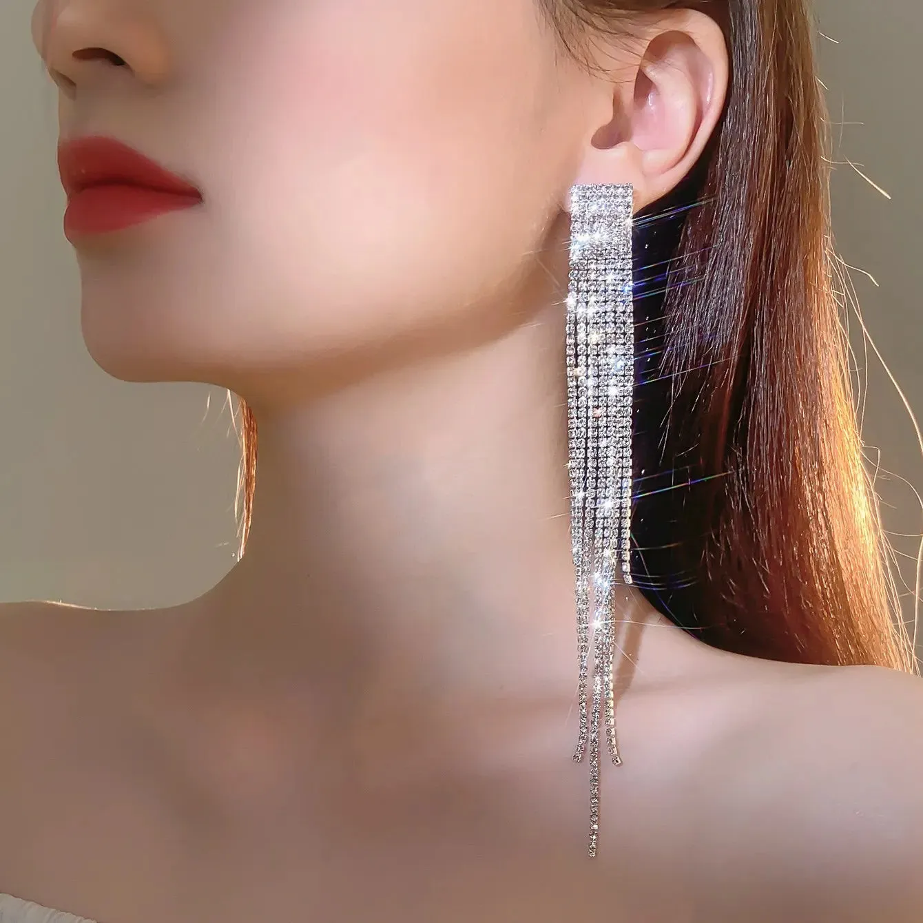 Crystal Rhinestone Long Drop Earrings