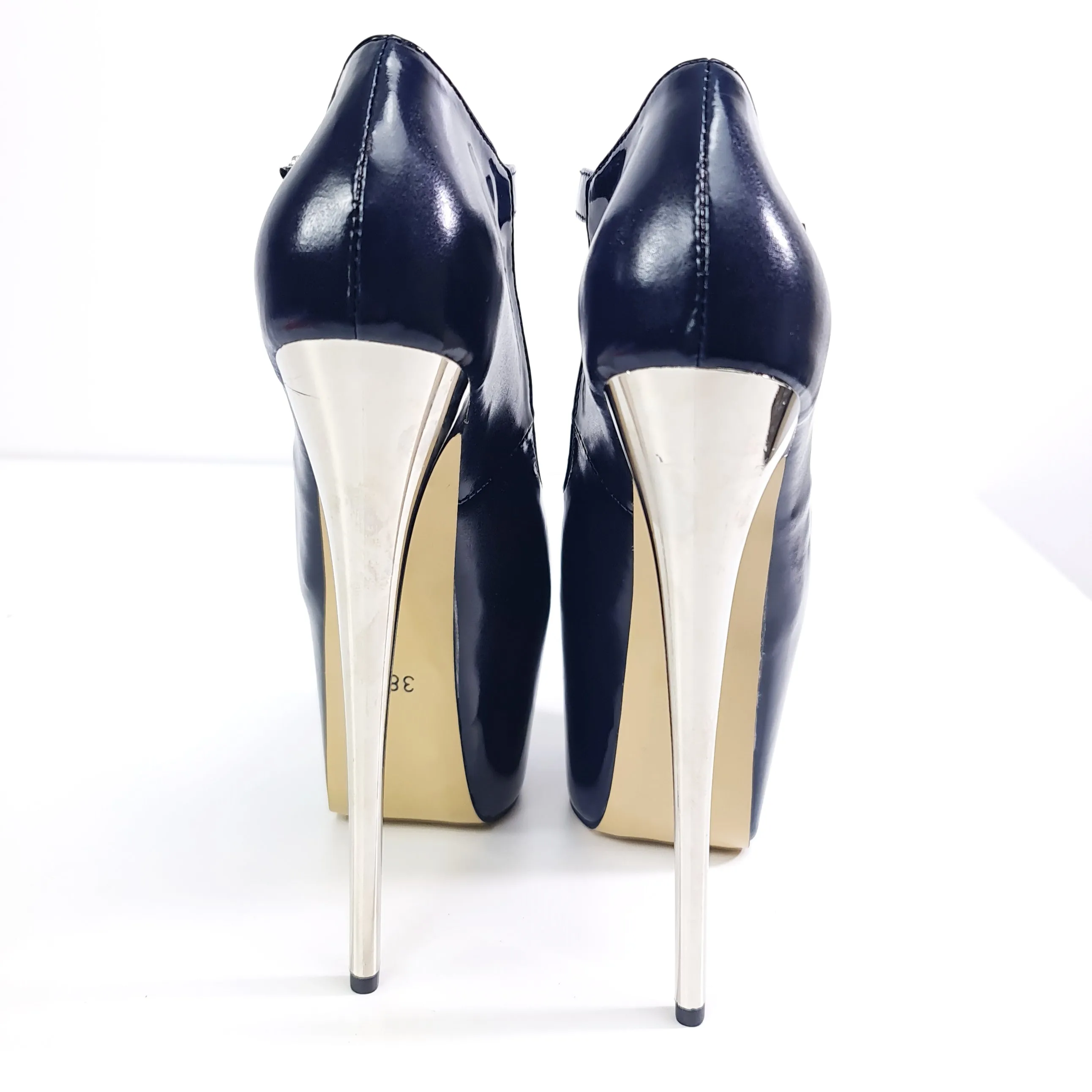 Dark Blue Mary Jane Open Toe Metallic Heels