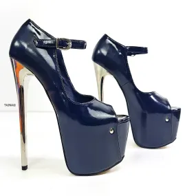 Dark Blue Mary Jane Open Toe Metallic Heels