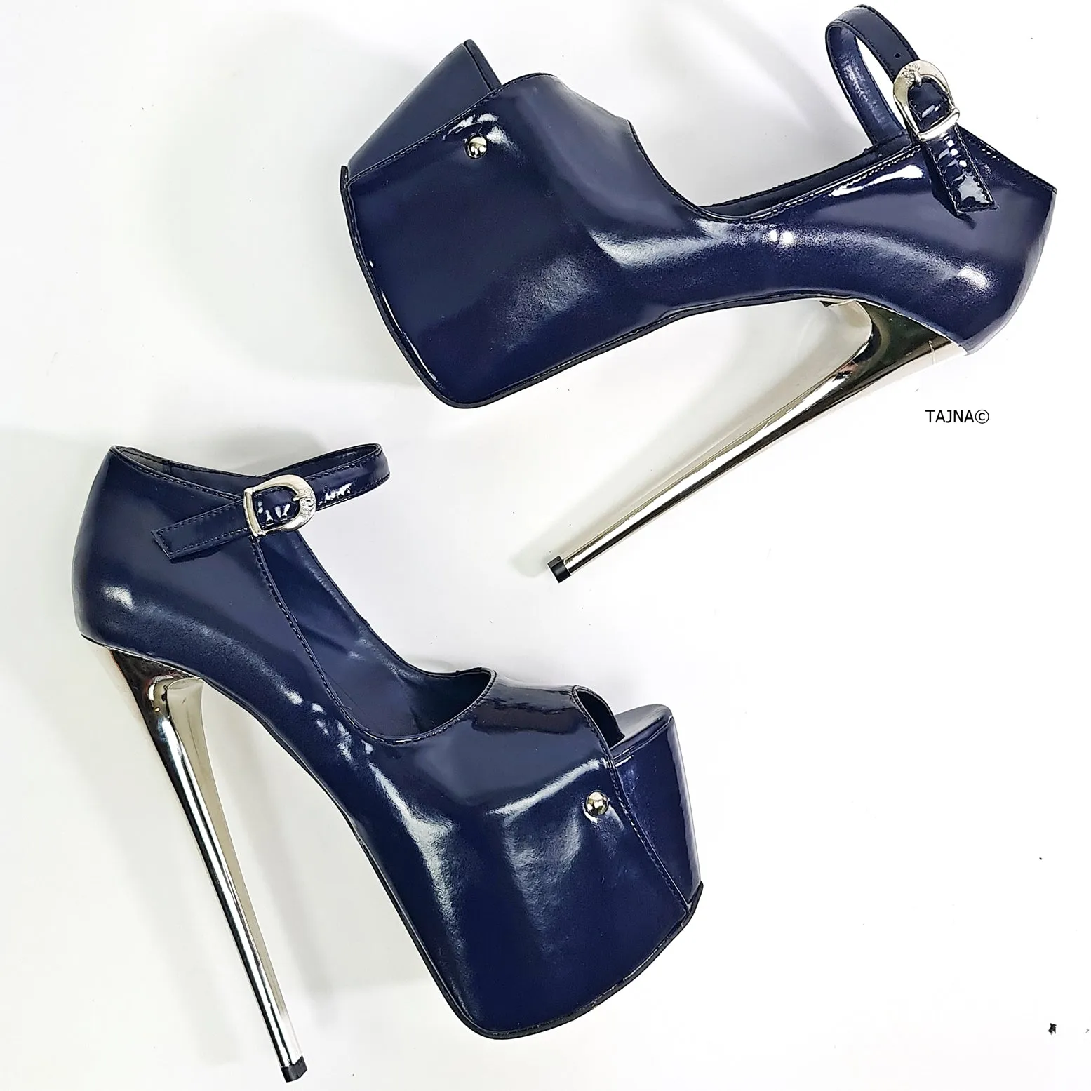 Dark Blue Mary Jane Open Toe Metallic Heels