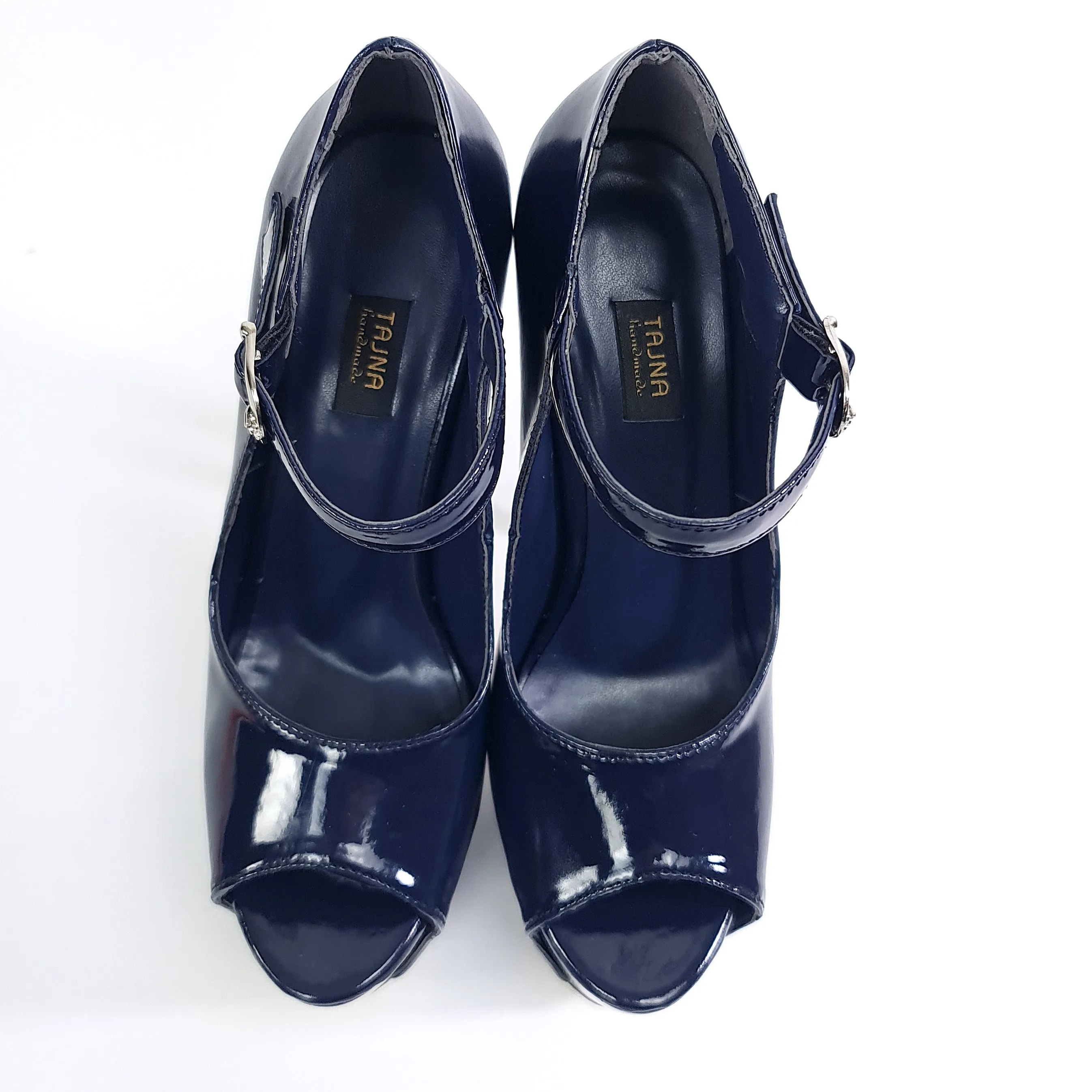 Dark Blue Mary Jane Open Toe Metallic Heels