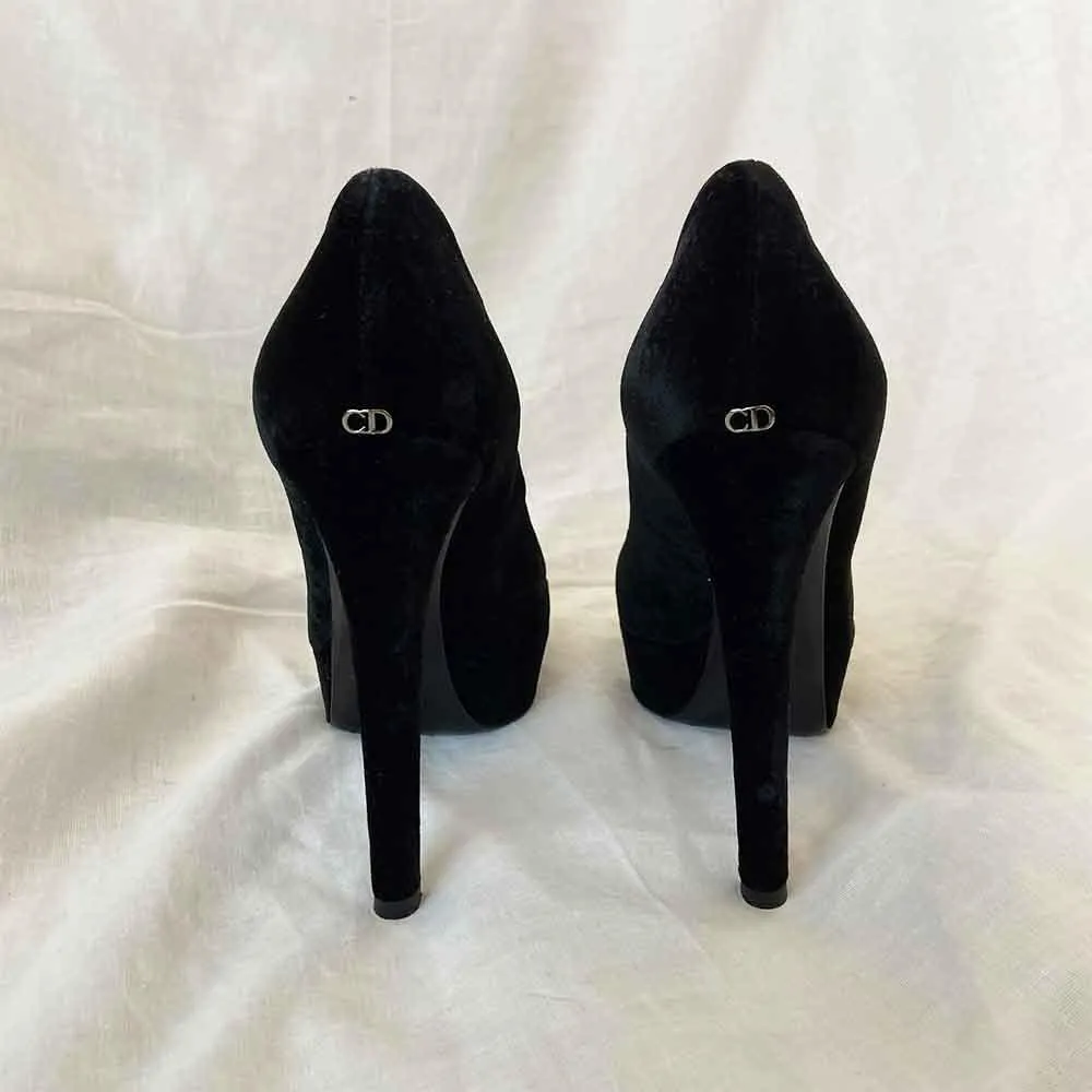 Dior Black Velvet Peep Toe Pumps, 40