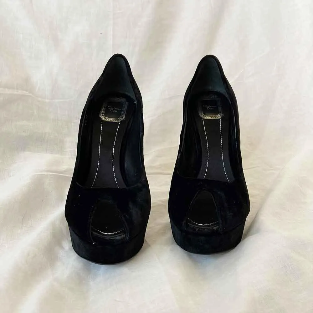 Dior Black Velvet Peep Toe Pumps, 40