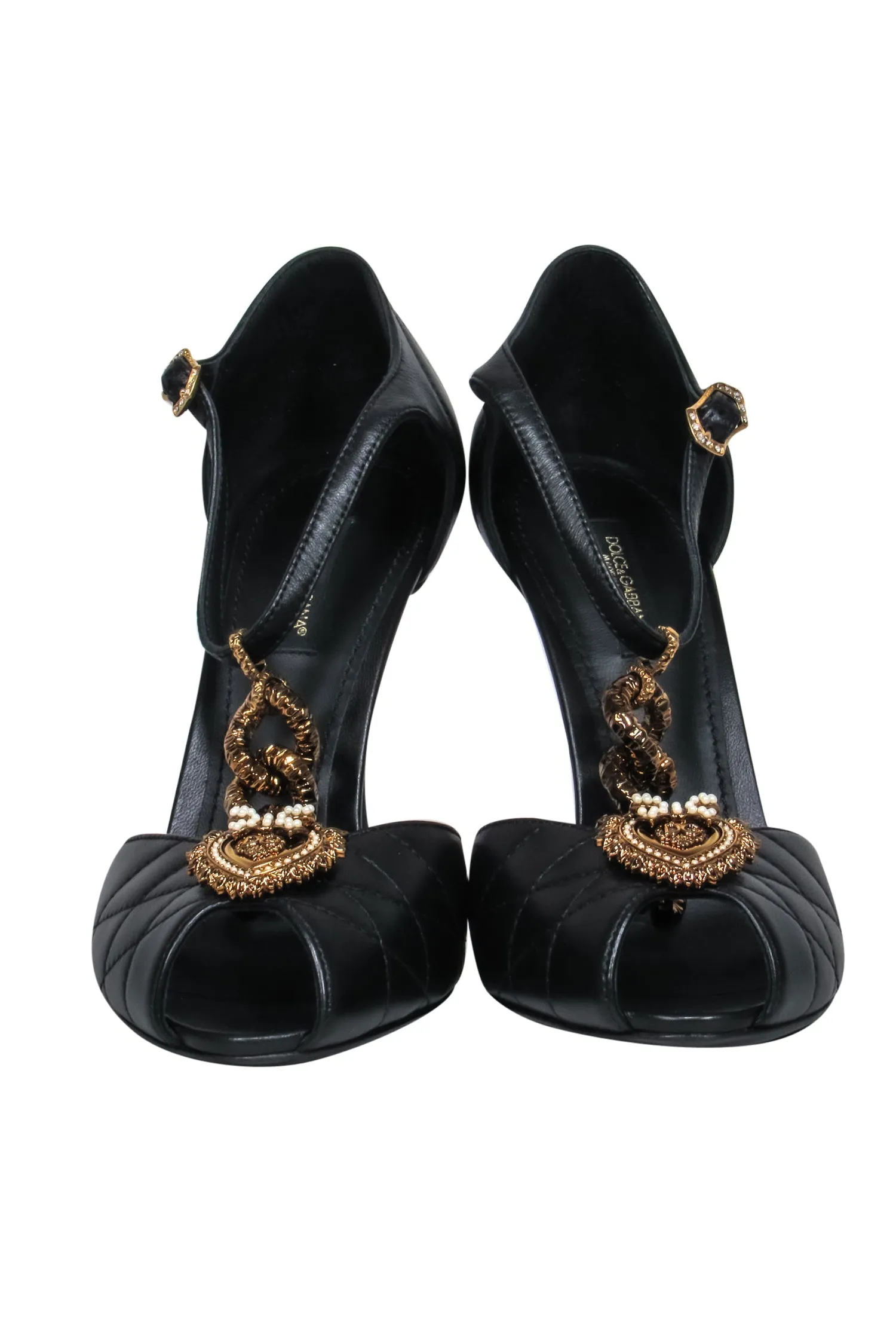 Dolce & Gabbana - Black Quilted T-Strap Peep Toe Pumps w/ Gold Heart & Chain Sz 8.5