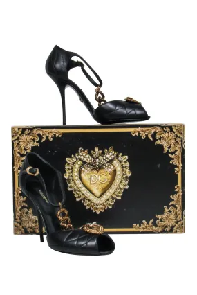 Dolce & Gabbana - Black Quilted T-Strap Peep Toe Pumps w/ Gold Heart & Chain Sz 8.5