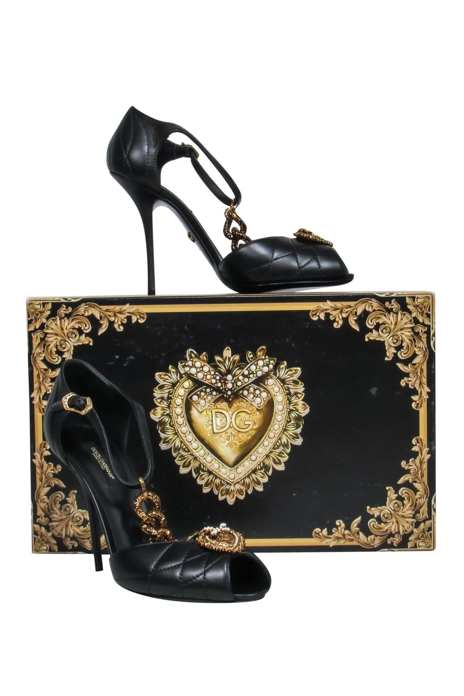 Dolce & Gabbana - Black Quilted T-Strap Peep Toe Pumps w/ Gold Heart & Chain Sz 8.5