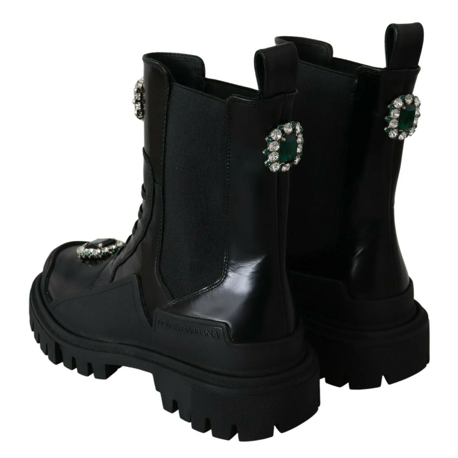 Dolce & Gabbana Elegant Black Leather Combat Boots with Crystal Detail