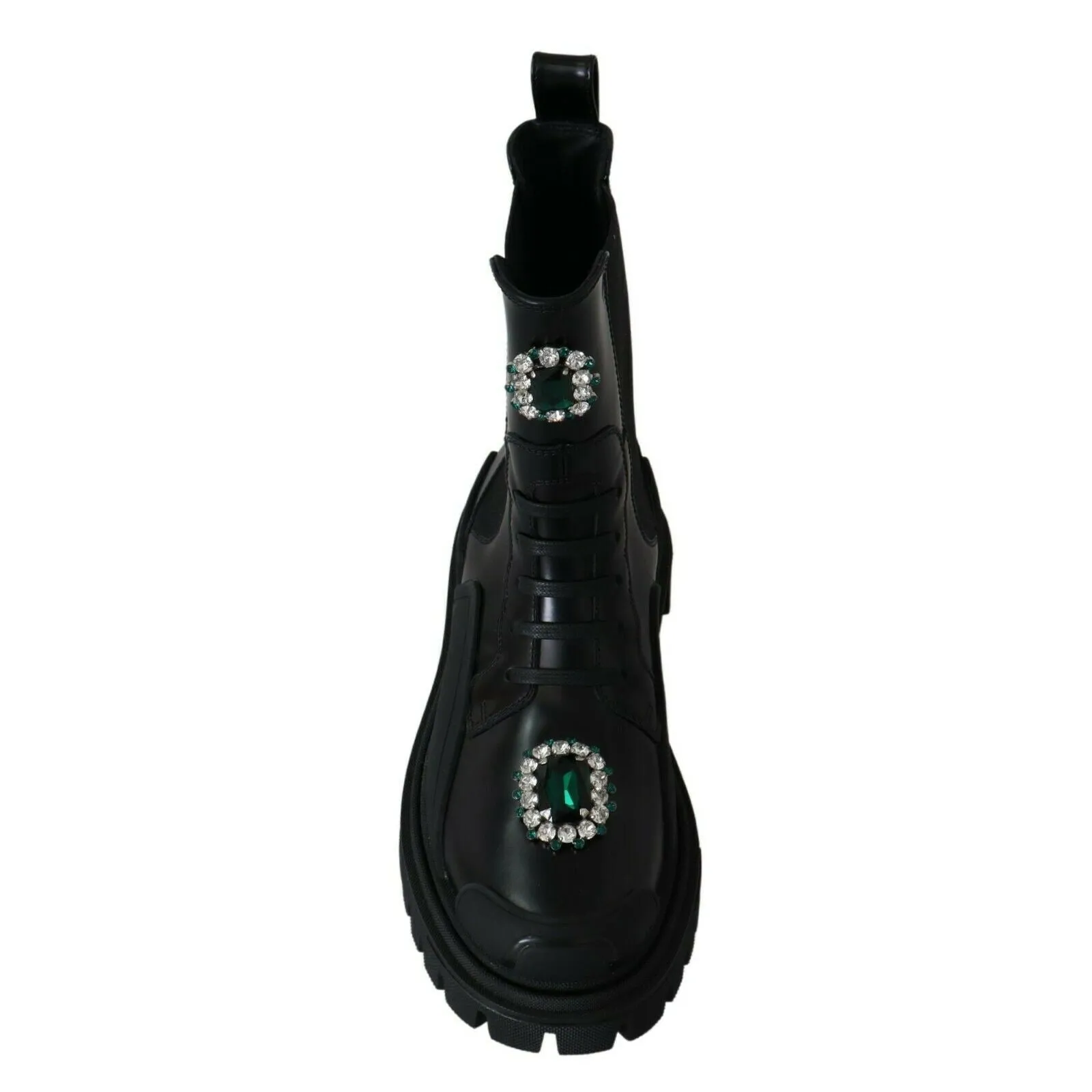 Dolce & Gabbana Elegant Black Leather Combat Boots with Crystal Detail