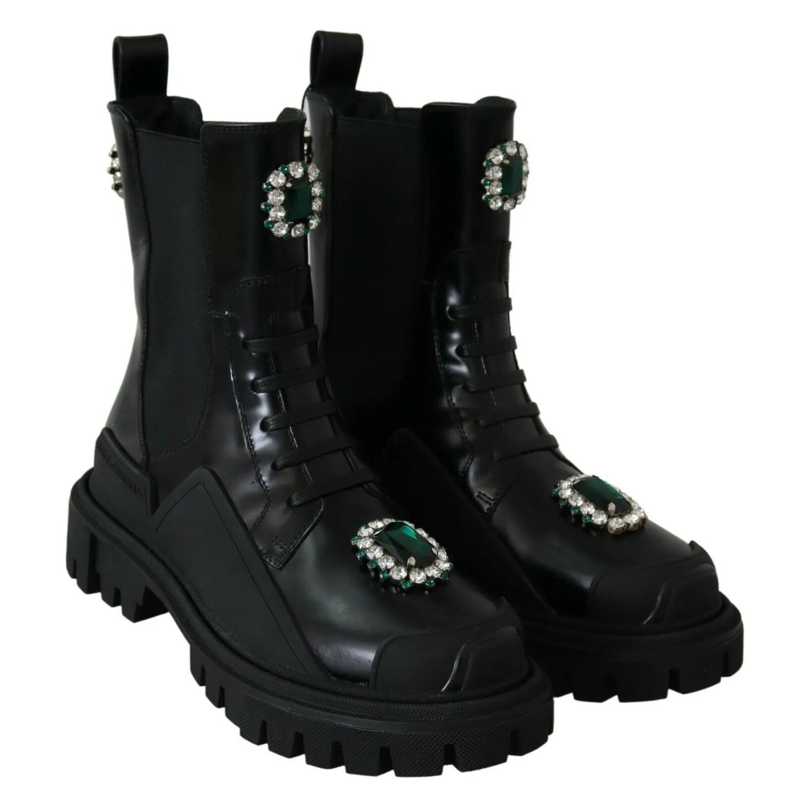 Dolce & Gabbana Elegant Black Leather Combat Boots with Crystal Detail