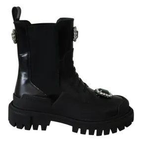 Dolce & Gabbana Elegant Black Leather Combat Boots with Crystal Detail