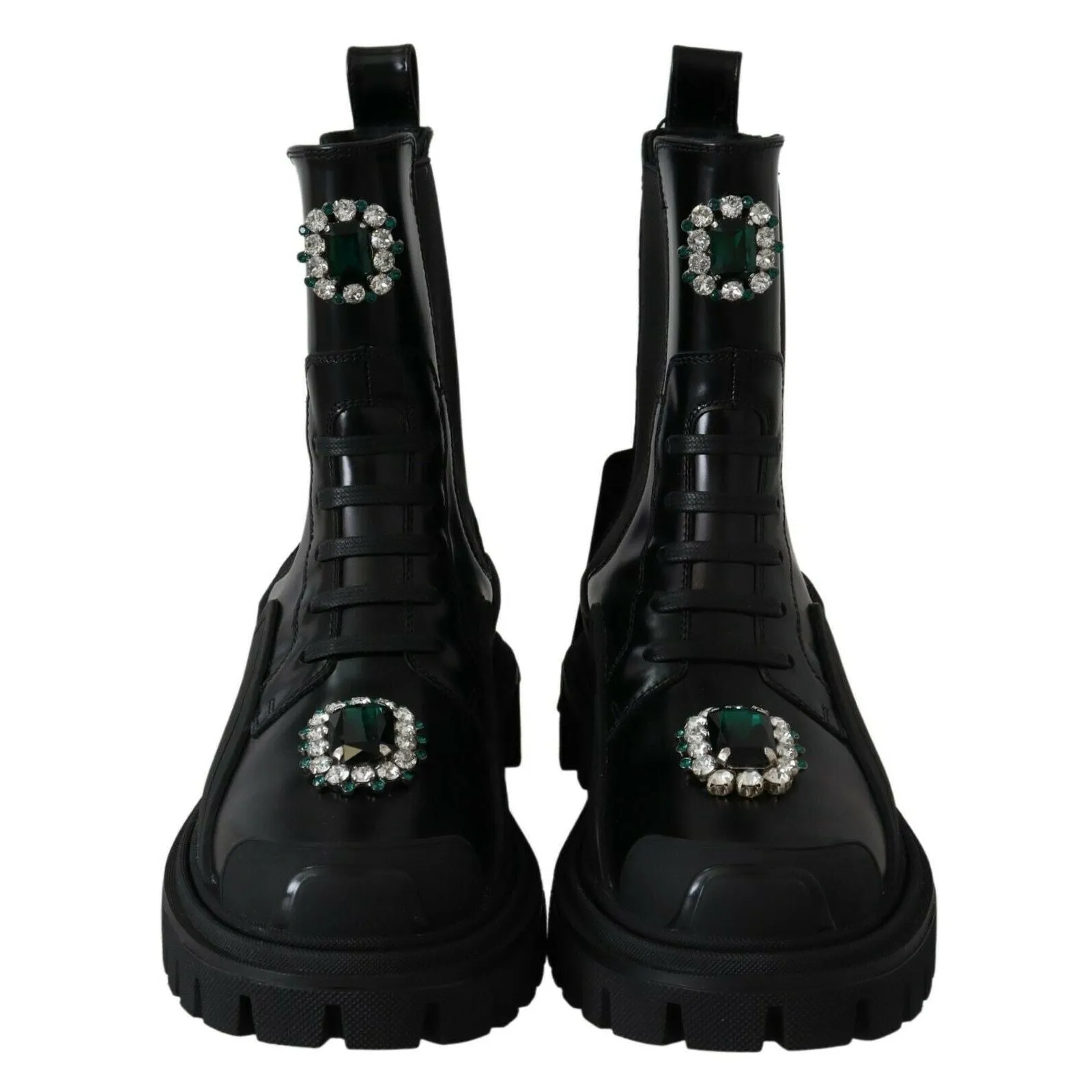 Dolce & Gabbana Elegant Black Leather Combat Boots with Crystal Detail