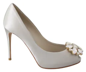 Dolce & Gabbana White Crystals Peep Toe Heels Satin Pumps Shoes