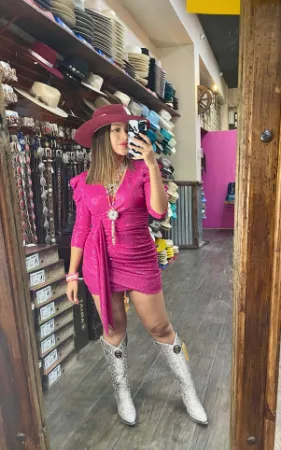 GIBIU V-Neck 3/4 Puff Sleeve Sash Sequin Fushia Mini Dress