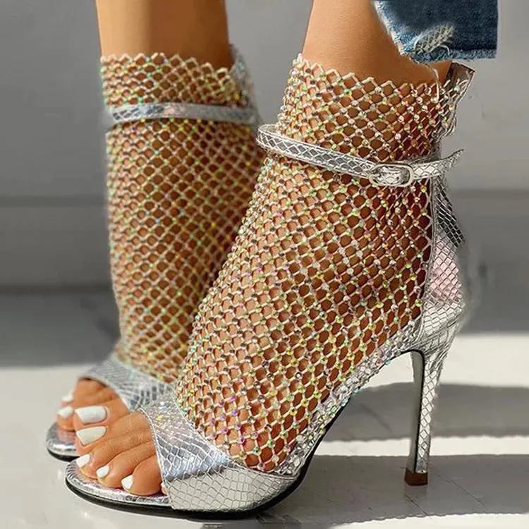 Glitter Gladiator Mesh Peep-toe Pumps