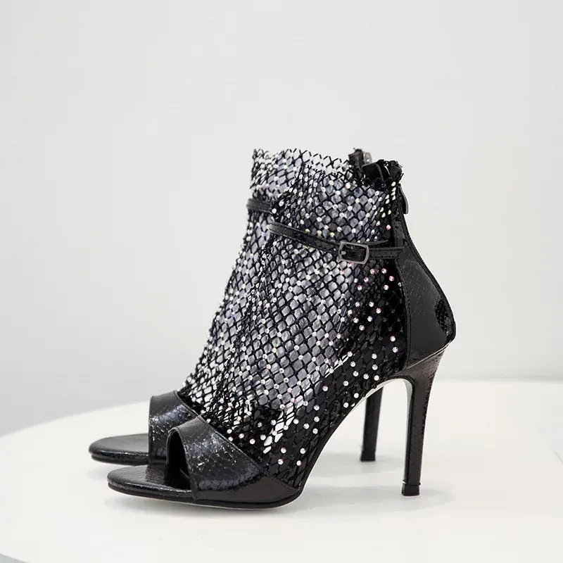 Glitter Gladiator Mesh Peep-toe Pumps