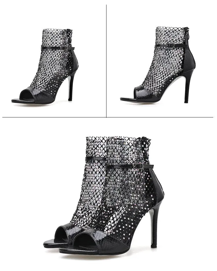 Glitter Gladiator Mesh Peep-toe Pumps