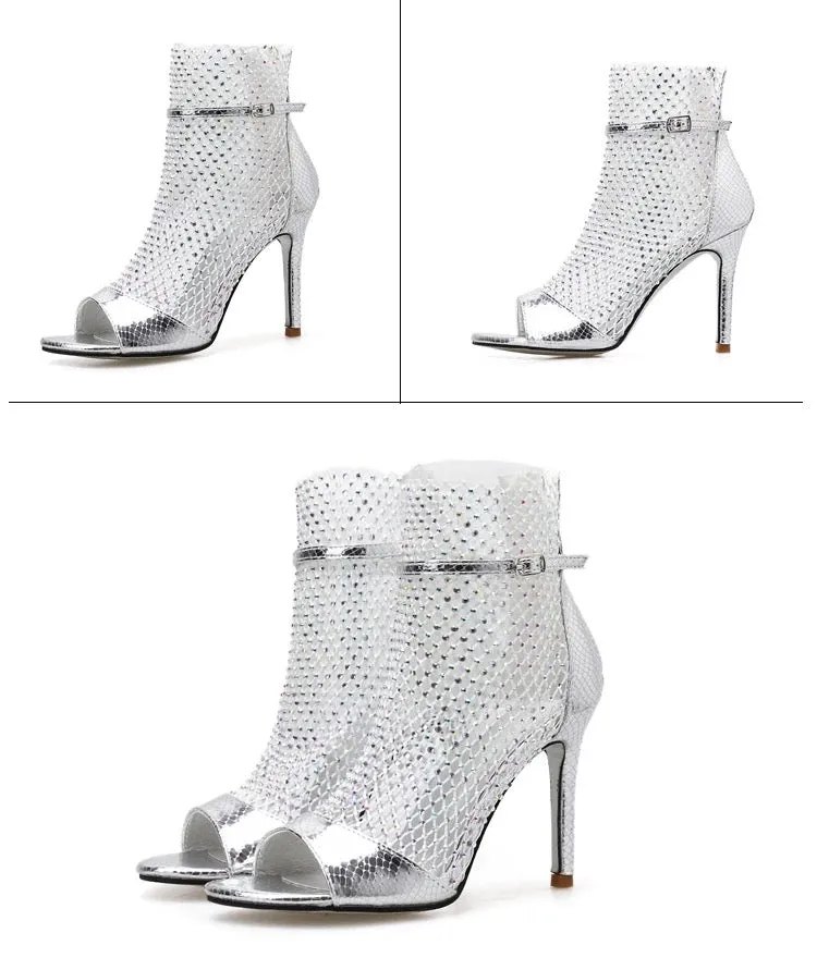 Glitter Gladiator Mesh Peep-toe Pumps
