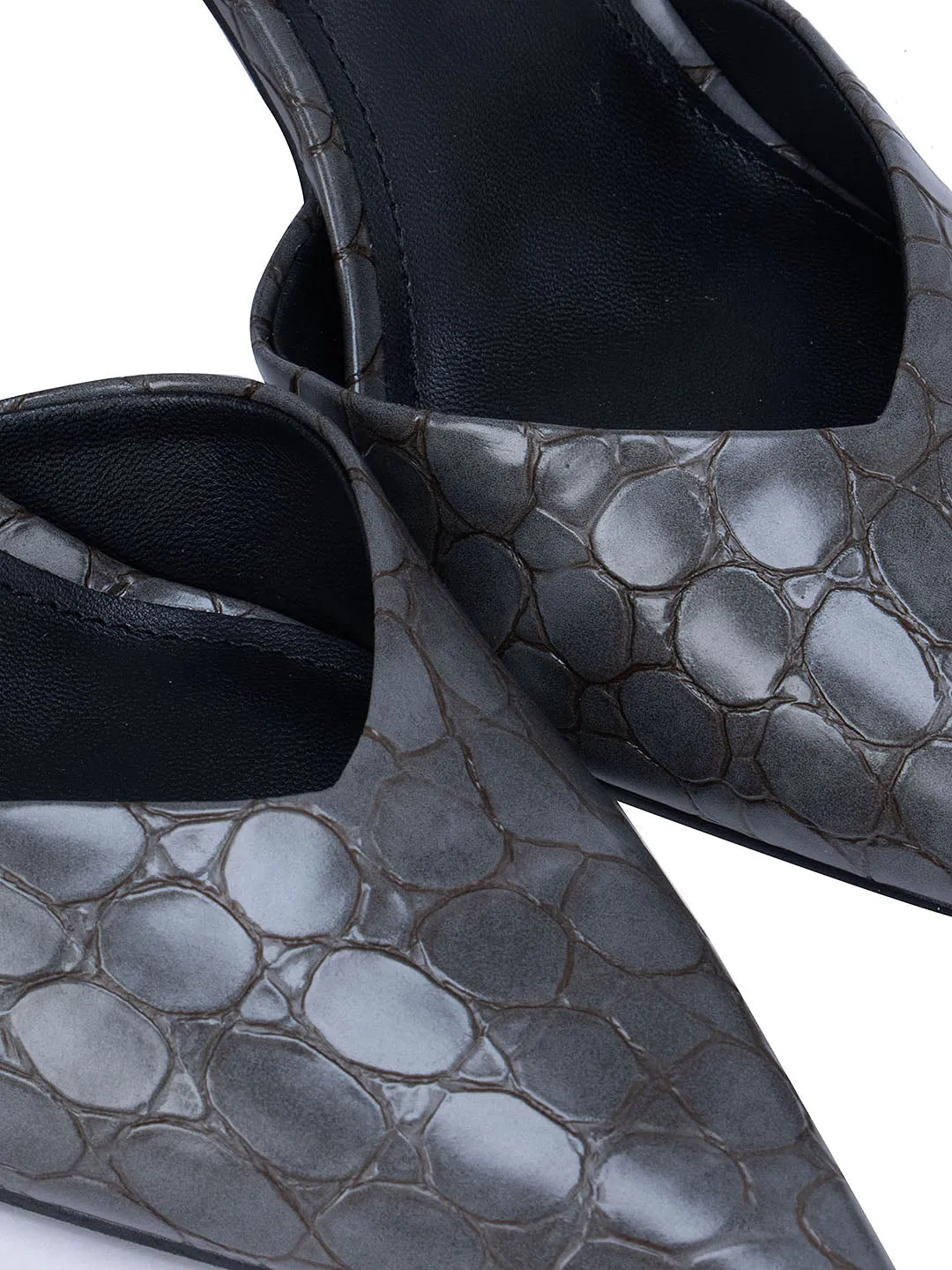 Grey Textured Leather Slingback Heels