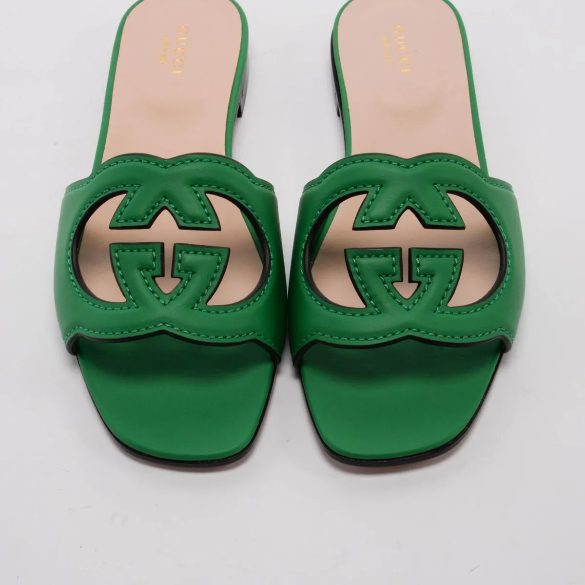 Gucci Green Calfskin Interlocking G Slides 37.5