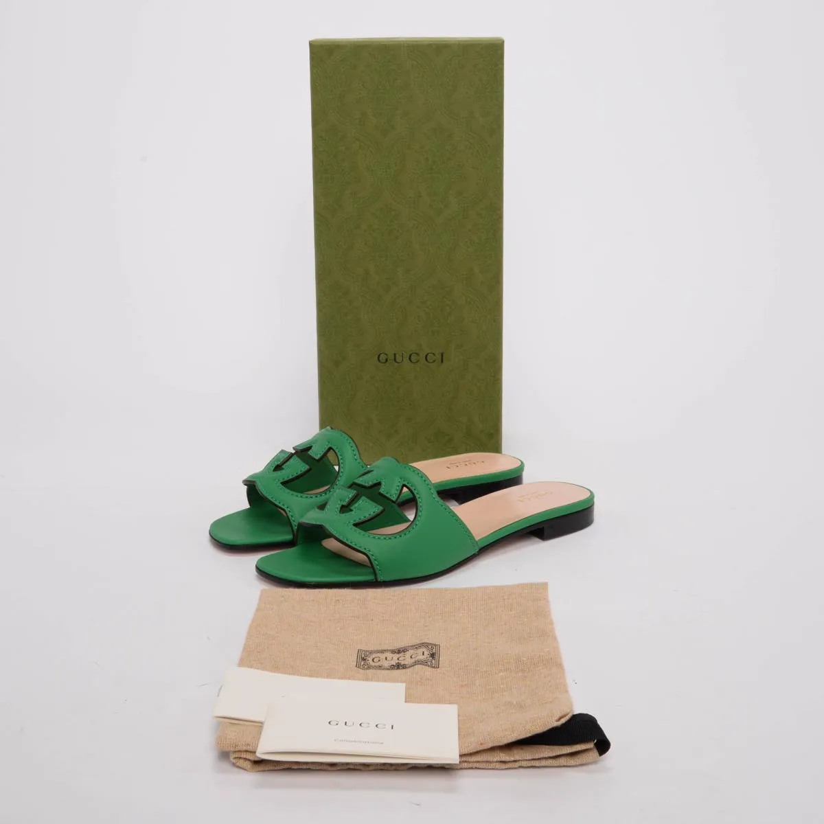 Gucci Green Calfskin Interlocking G Slides 37.5