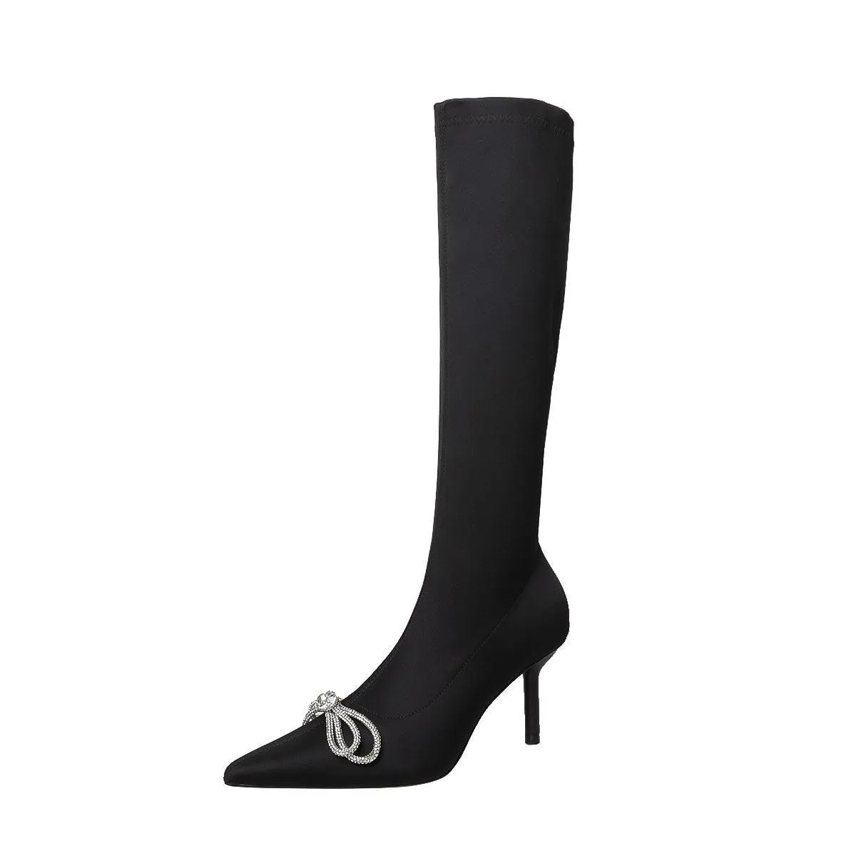 High Heel Rhinestone Sleeve Pointed Long And Short Black Boots