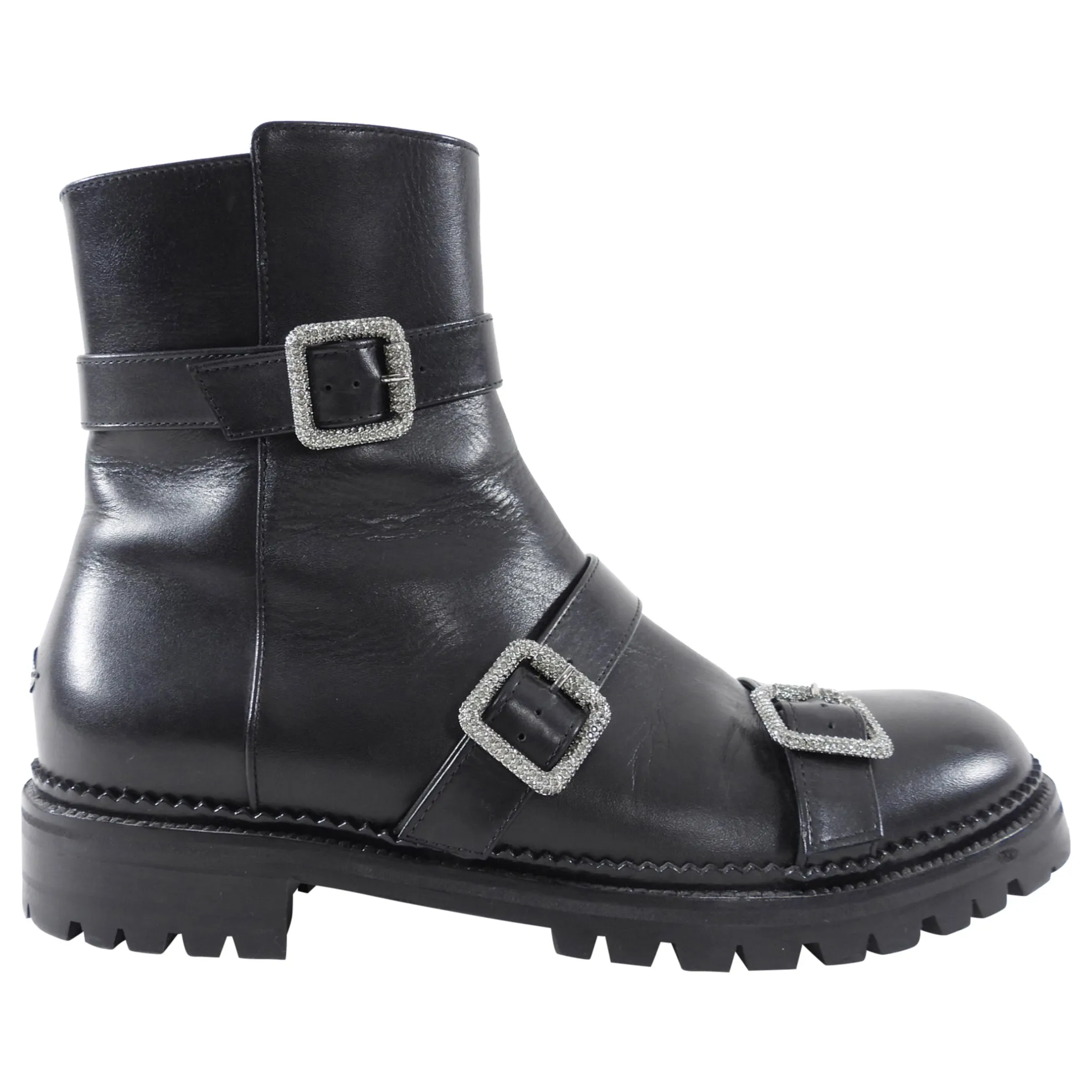 Jimmy Choo Black Leather Jewel Buckle Ankle Boots - 40