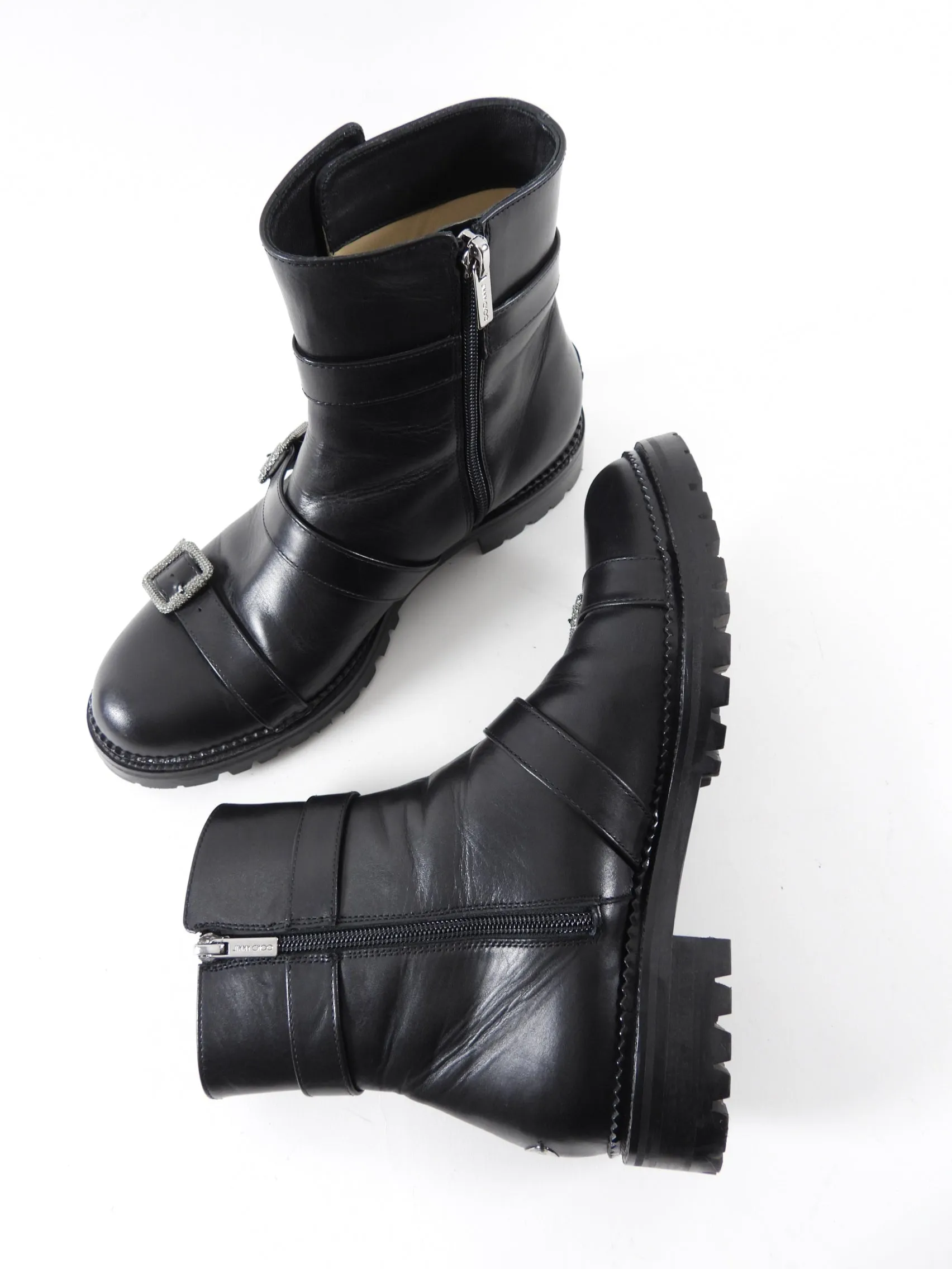 Jimmy Choo Black Leather Jewel Buckle Ankle Boots - 40